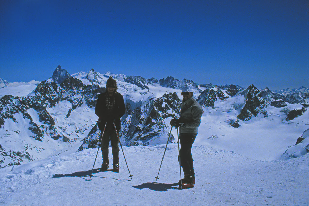 on the summit of the Pigne d'Arolla; in the background Mount Matterhorn